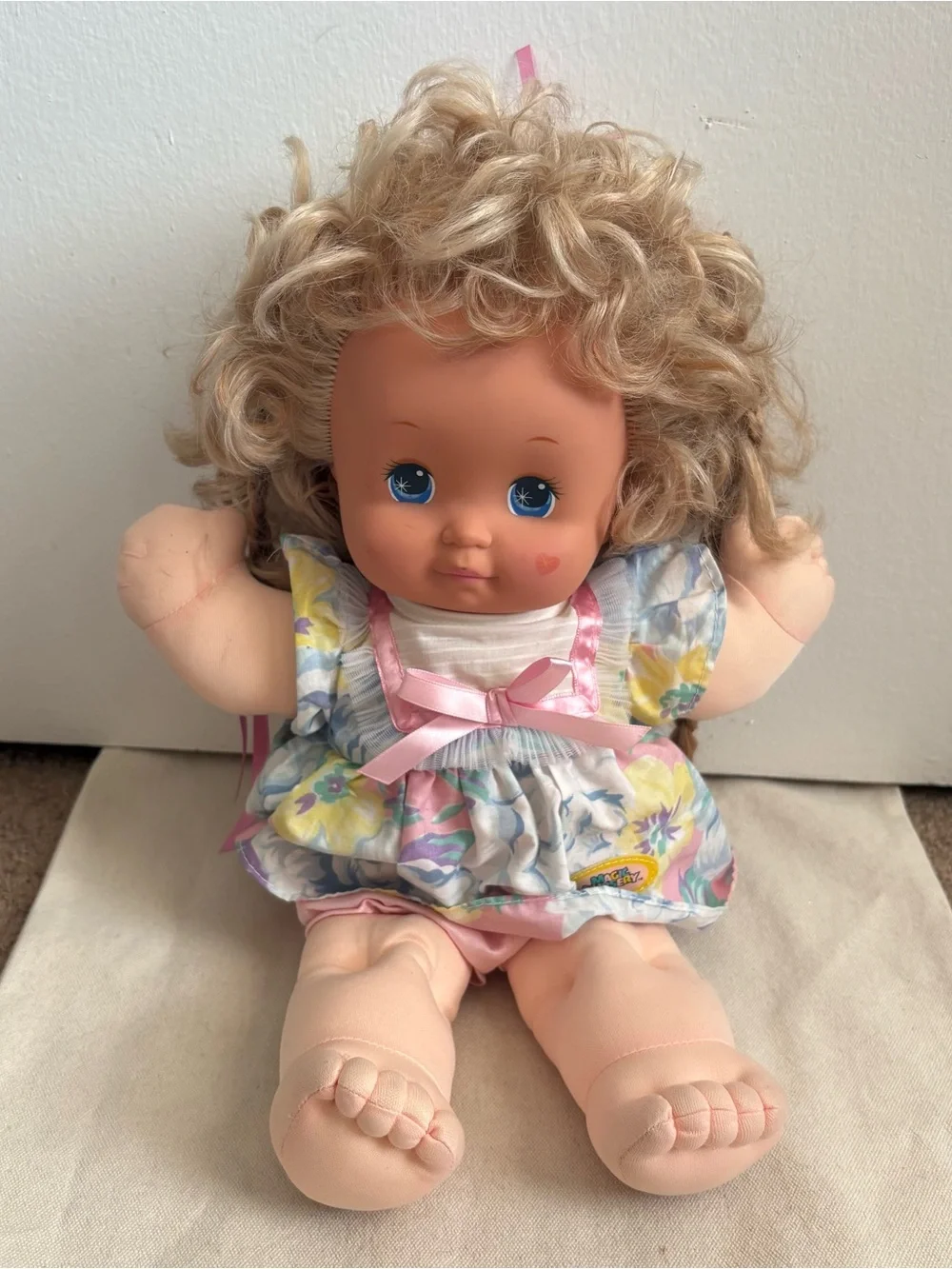 VTG Mattel Magic Nursery 14in Soft Body Doll Blonde Curly Hair Blue Eyes 1989